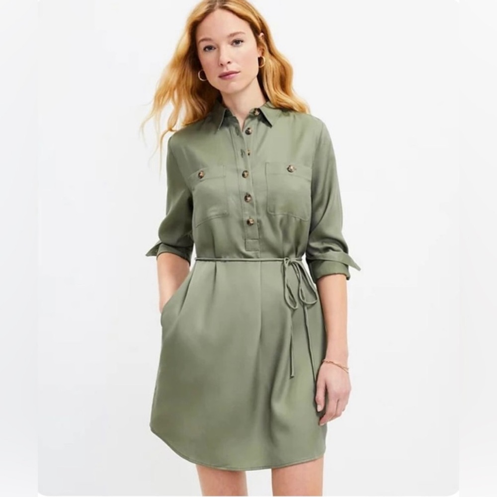 LOFT Green Buttoned Tie Front Dress